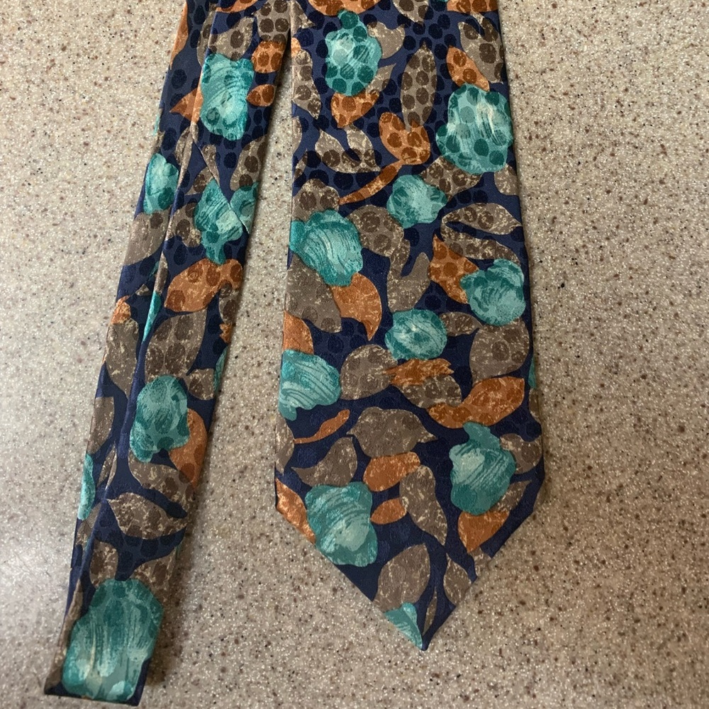 L’Atelier Navy, brown, teal, orange Silk Tie, 3 1/2” Wide, 54”